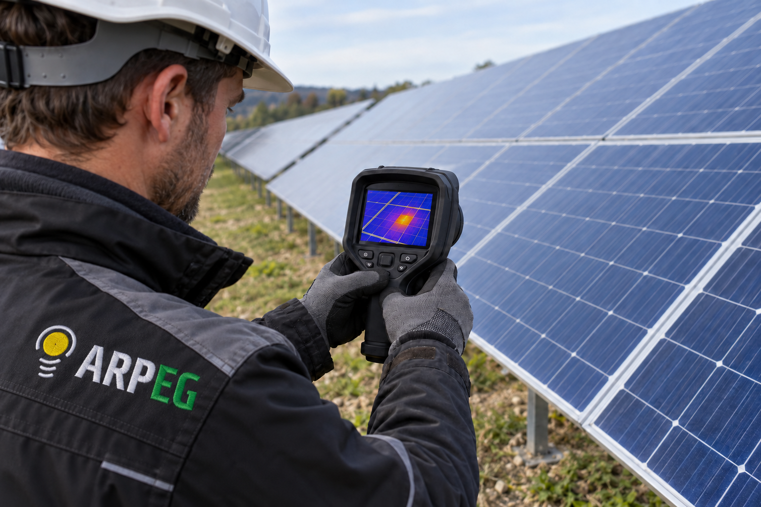 Technik kontroluje fotovoltaické panely ruční termokamerou