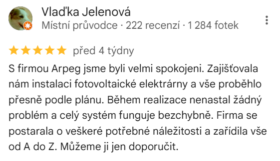 Reakce klienta na Google #1 Reference: FVE s dotaci Nová zelená úsporám realizovaná v Cerhenicích 