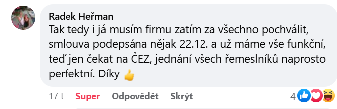 Reakce klienta na Facebooku #1 Reference: Instalace fotovoltaické elektrárny na míru - Velký Osek 