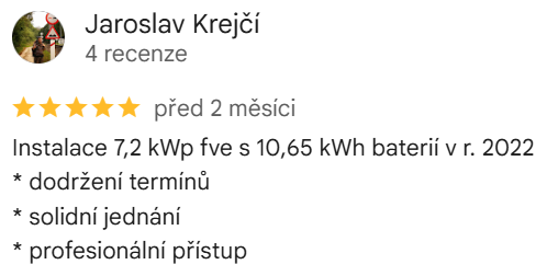 Reakce klienta na Google #1 Reference: Instalace fotovoltaické elektrárny na míru s baterií - Přerov VI-Újezdec 