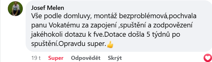 Reakce klienta na Facebooku #1 Reference: Fotovoltaická elektrárna o výkonu 5,4 kWp - Kamenné Žehrovice 