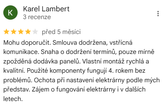 Reakce klienta na Google #1 Reference: Instalace fotovoltaiky s bateriovým úložištěm - Zásmuky 