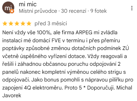 Reakce klienta na Google #1 Reference: FVE s dobíjecí stanici pro elektromobil a GreenBoxem - Pržno 