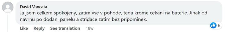 Reakce klienta na Facebooku #1 Reference: Fotovoltaika s dotací na bateriový systém- Hustopeče 