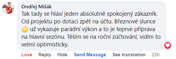 Reakce klienta na Facebooku #1 Reference: Fotovoltaika s dotací Nová zelená úsporám- Chožov 