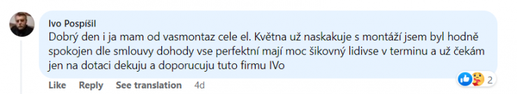 Reakce klienta na Facebooku #1 Reference: Fotovoltaická elektrárna s dotací na bateriový systém- Šťáhlavy 