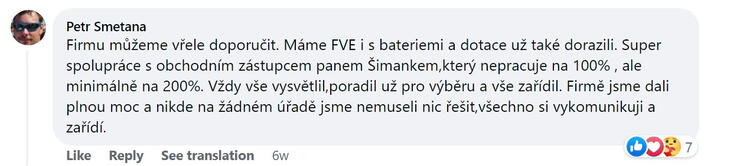 Reakce klienta na Facebooku #1 Reference: Fotovoltaická elektrárna s dotací na klíč- Žabovřesky nad Ohří 