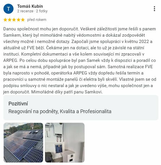 Reakce klienta na Google #1 Reference: Fotovoltaická elektrárna s vyřízením dotace- Vysoká nad Labem 