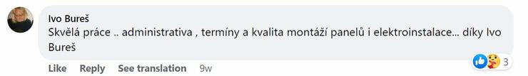 Reakce klienta na Facebooku #1 Reference: Fotovoltaická elektrárna s dotací na bateriový systém- Myštice - Laciná 
