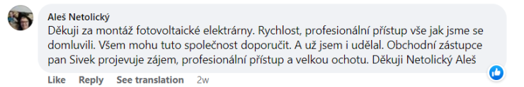 Reakce klienta na Facebooku #1 Reference: Fotovoltaika s dotaci na bateriový systém- Rychnov nad Kněžnou 