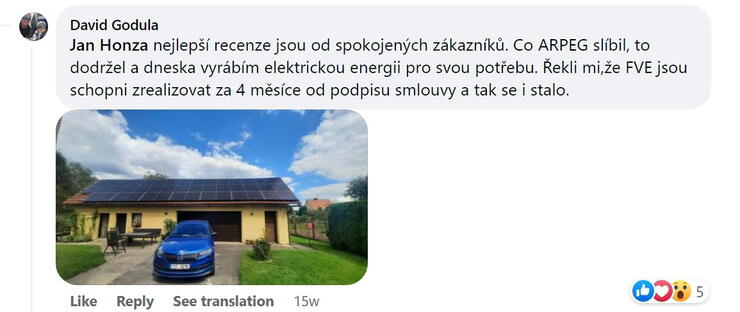 Reakce klienta na Facebooku #1 Reference: Fotovoltaická elektrárna s vyřízením dotace- Orlová 