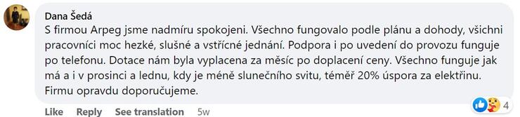 Reakce klienta na Facebooku #1 Reference: Fotovoltaická elektrárna s dotací NZÚ- Litomyšl - Nedošín 