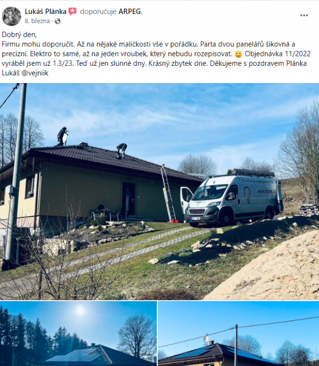 Reakce klienta na Facebooku #1 Reference: Fotovoltaická elektrárna s dotací NZÚ- Dětrichov 