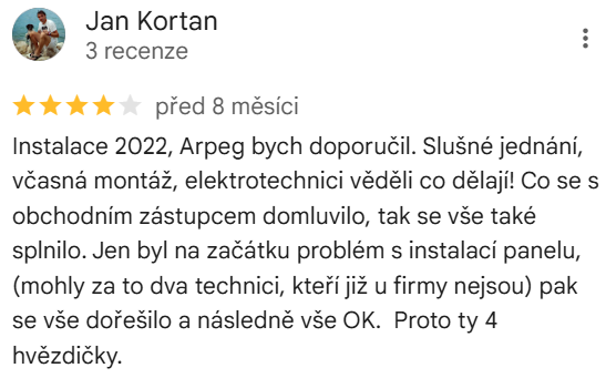 Reakce klienta na Google #1 Reference: Fotovoltaika na klíč Kolín 