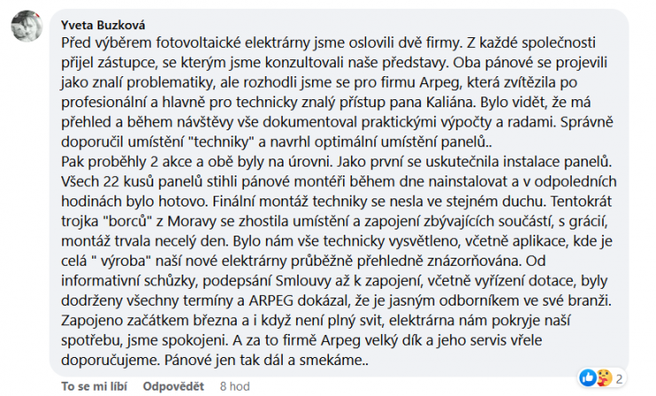 Reakce klienta na Facebooku #1 Reference: FVE s dotací na bateriový systém- Tuchoměřice 