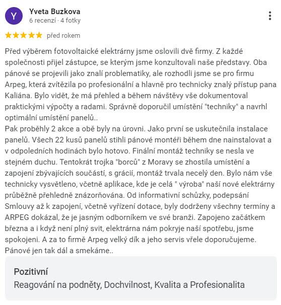 Reakce klienta na Google #1 Reference: FVE s dotací na bateriový systém- Tuchoměřice 