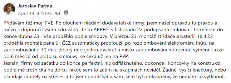Reakce klienta na Facebooku #1 Reference: Fotovoltaická elektrárna s dotací na bateriový systém- Líšťany 