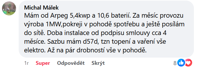 Reakce klienta na Facebooku #1 Reference: Fotovoltaická elektrárna s dotací instalována v Lenešicích 