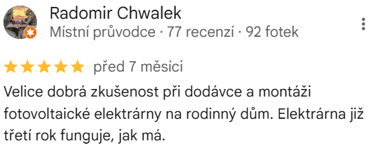 Reakce klienta na Google #1 Reference: Fotovoltaika na klíč Děhylov 