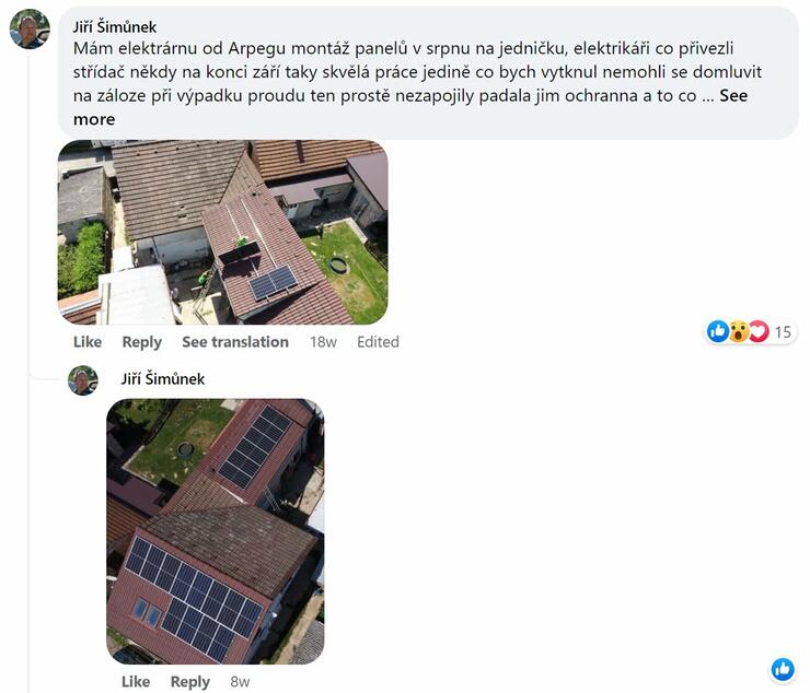 Reakce klienta na Facebooku #1 Reference: Fotovoltaika na klíč- Kralupy nad Vltavou 