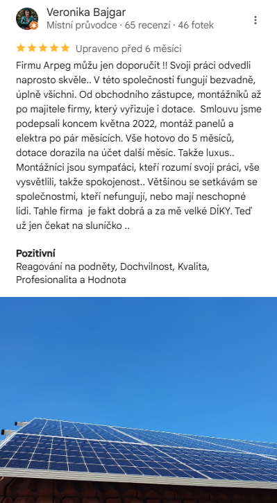 Reakce klienta na Google #1 Reference: Fotovoltaika s dotací Ostrava 