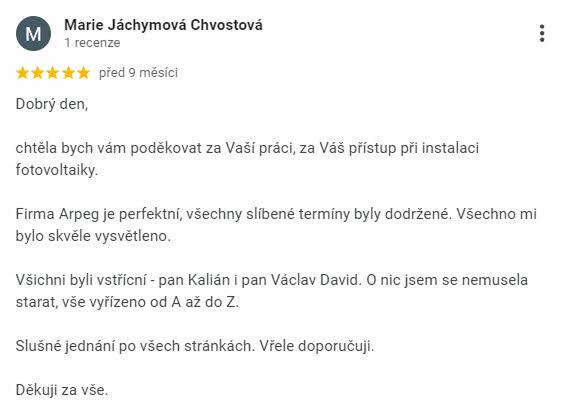 Reakce klienta na Google #1 Reference: Solární elektrárna s dotací NZÚ instalována ve Strakonicích v Jihočeském kraji 