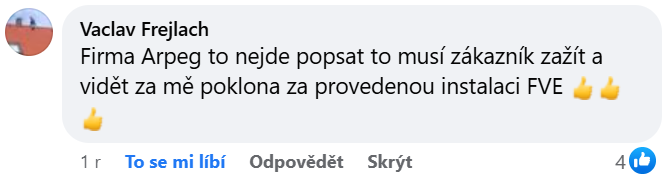 Reakce klienta na Facebooku #1 Reference: Fotovoltaická elektrárna s uložením do baterií - Borkovice 
