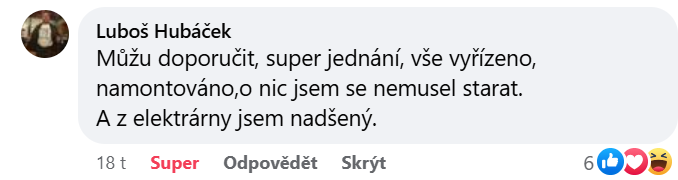 Reakce klienta na Facebooku #1 Reference: Solární elektrárna s dotaci na klíč - Benešov 