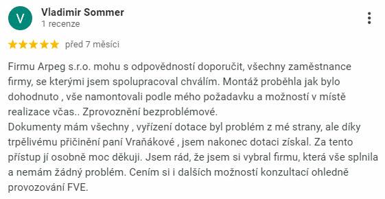 Reakce klienta na Google #1 Reference: Solární elektrárna s vyřízením dotace - Javornice 