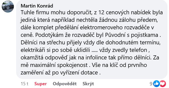 Reakce klienta na Facebooku #1 Reference: Fotovoltaika na míru s vyřízením dotace - Jakubčovice nad Odrou 